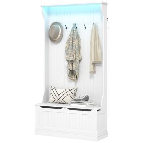 3-In-1 Entryway Bench with LED Lights and Coat Rack, Hall Tree with Bench and Shoe Storage, 5 Hooks for Hallway White