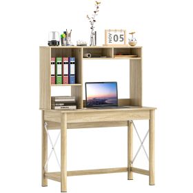 Computer Desk with Hutch, Home Office Study Table with Storage for Writing, Work, Workstation, Oak