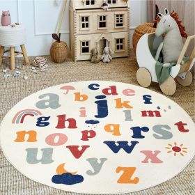Boho Round Rug 4 Ft Washable Area Rug for Kids Room, Colorful Sun Circle Rug for Playroom (Color: White)