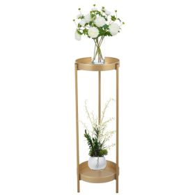 Modern Folding Metal 2-Tier Plant Stand Potted Plant Holder Shelf with 2 Round Trays Indoor Outdoor, Versatile, Golden (Color: Golden)